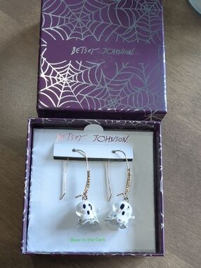 Betsey Johnson White & Gold Ghost Drop Earrings with Crystals